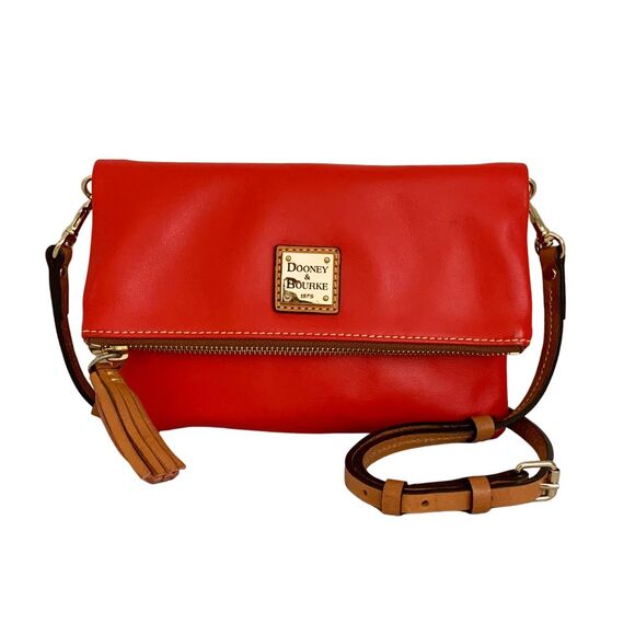 Dooney & Bourke Red Leather Crossbody Fold-Over Clutch Purse Tassel Strap - Picture 1 of 13